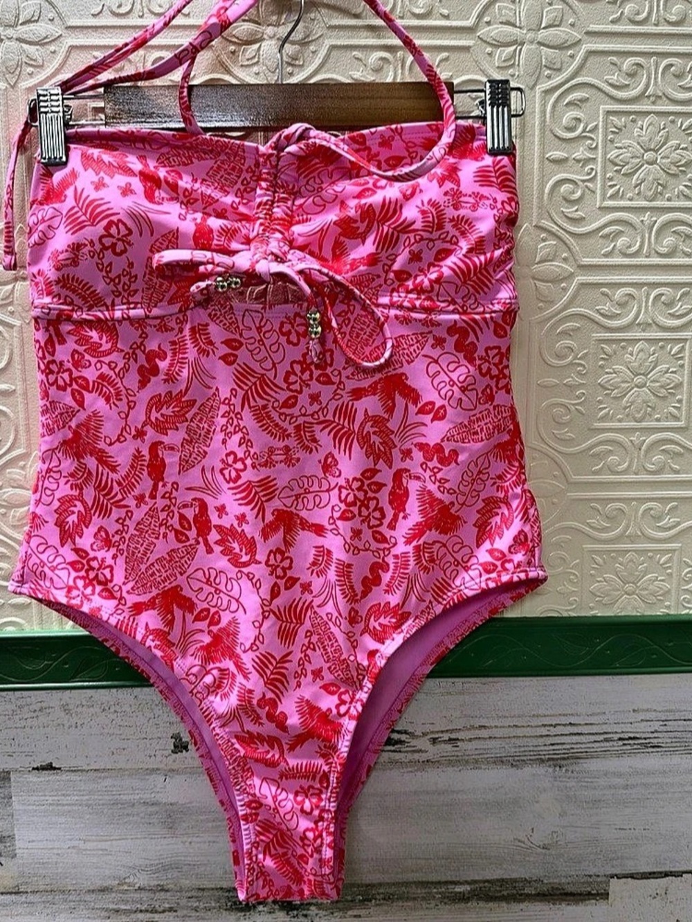 No Boundaries Pink Tropical Toucan Cheeky High Leg One-Piece Swimsuit Pink & Red
